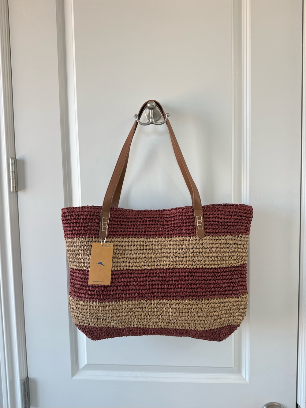 Tommy Bahama Red and Natural Striped Straw Tote with Brown Handles